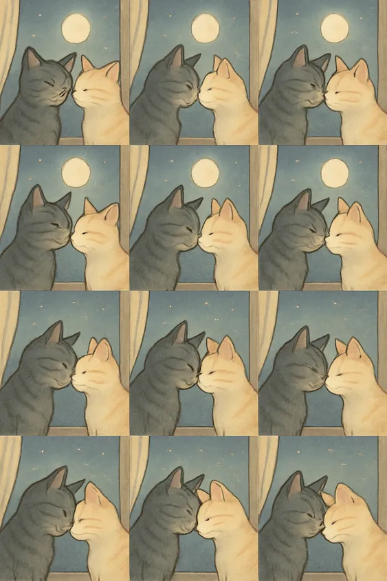 Two cats nuzzling under moonlight