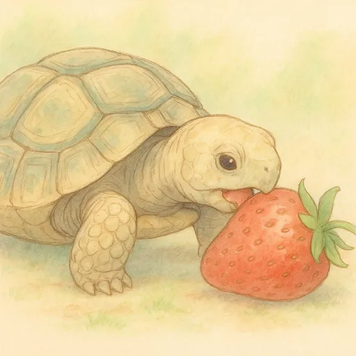 A tortoise eating a strawberry